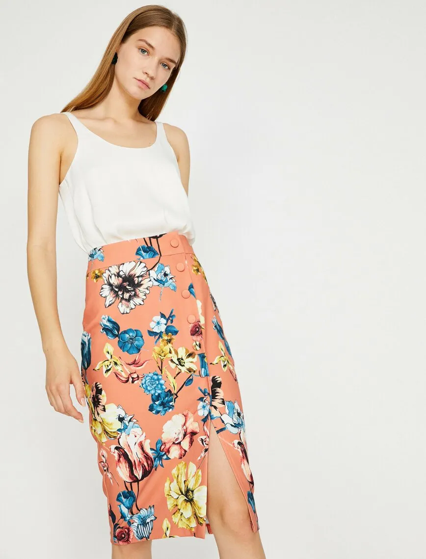 12339 Orange Floral Knee Length Skirt