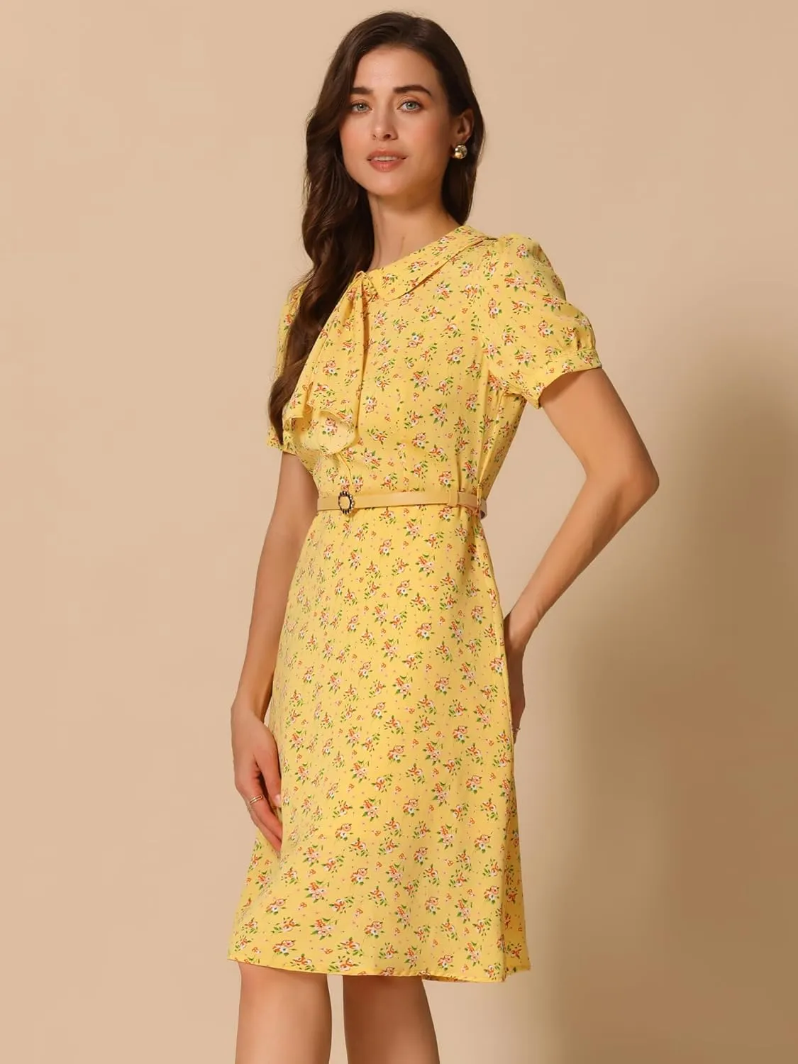 Allegra K Women's Peter Pan Collar Tie Neck Short Sleeves A-Line Elegant Belted Vintage Floral Dress
