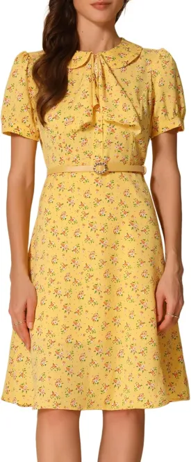 Allegra K Women's Peter Pan Collar Tie Neck Short Sleeves A-Line Elegant Belted Vintage Floral Dress