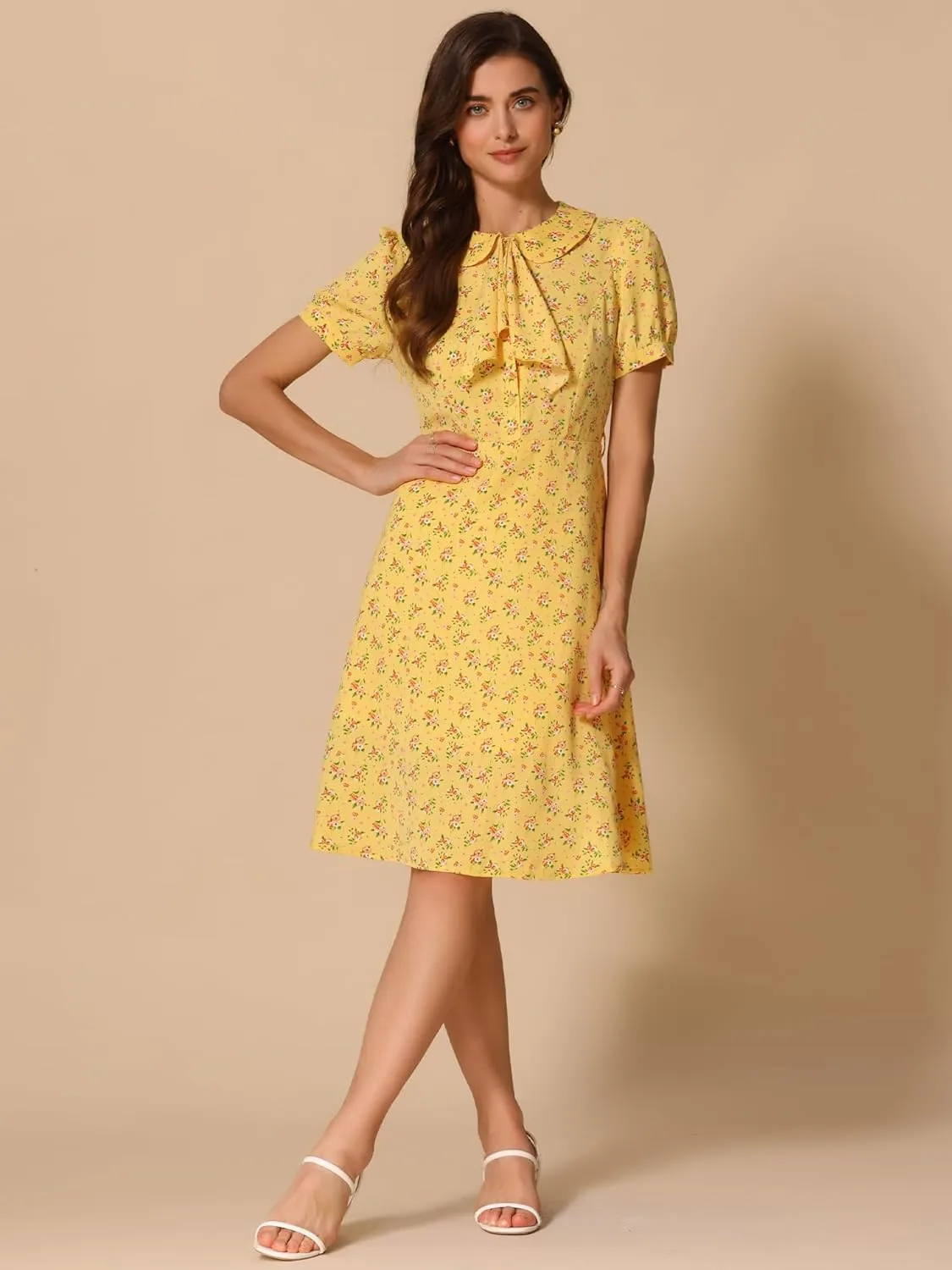 Allegra K Women's Peter Pan Collar Tie Neck Short Sleeves A-Line Elegant Belted Vintage Floral Dress