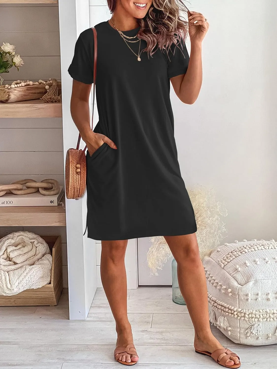 ANRABESS Women's Summer Casual T Shirt Dresses Short Sleeve Crewneck Striped Mini Shift Dress 2025 Beach Vacation Outfits