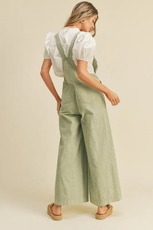 Ash Green Washed Wide Leg Overalls