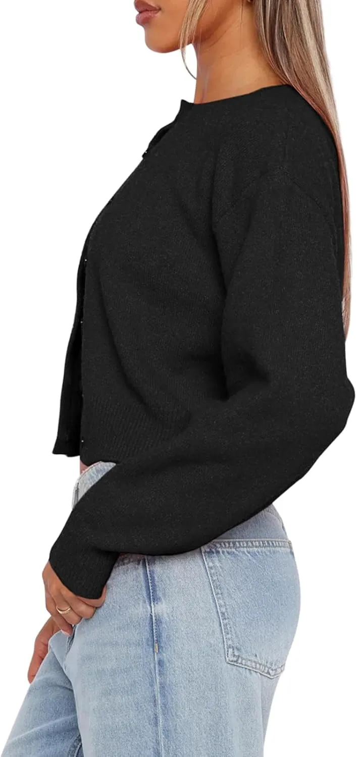 Balimtoy Women's Cropped Cardigan Sweaters Long Sleeve Button Down Sweaters Knit Cardigan Cute Y2k Open Front Crop Top