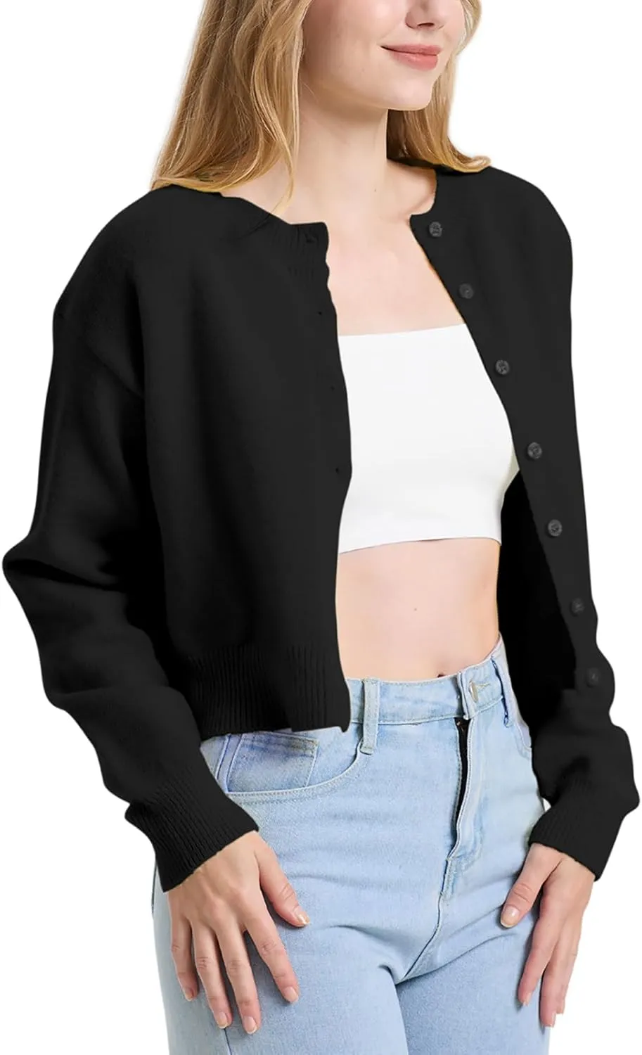 Balimtoy Women's Cropped Cardigan Sweaters Long Sleeve Button Down Sweaters Knit Cardigan Cute Y2k Open Front Crop Top