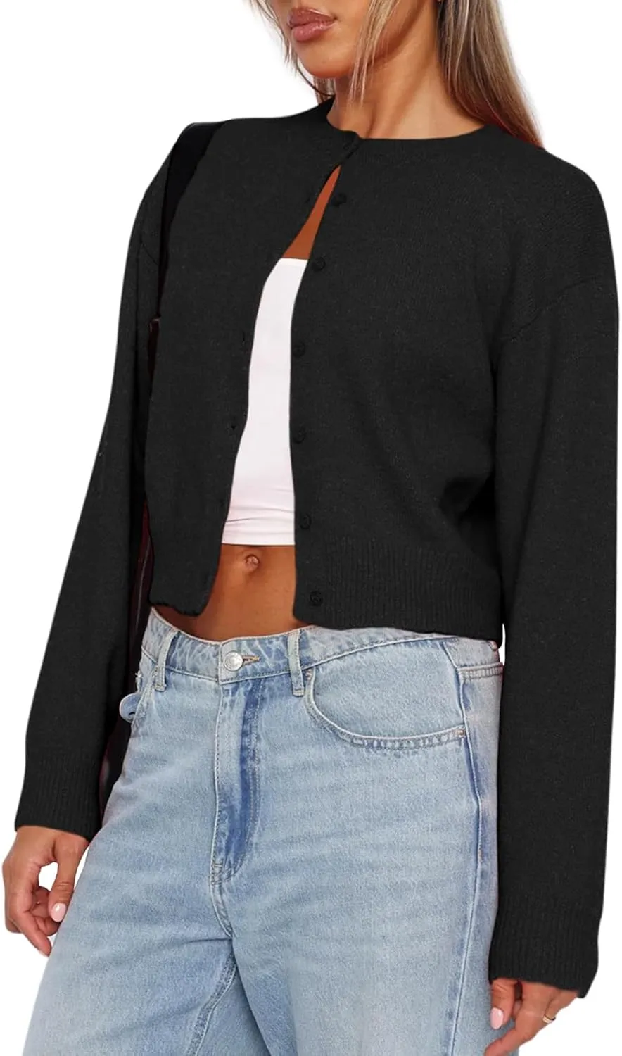 Balimtoy Women's Cropped Cardigan Sweaters Long Sleeve Button Down Sweaters Knit Cardigan Cute Y2k Open Front Crop Top