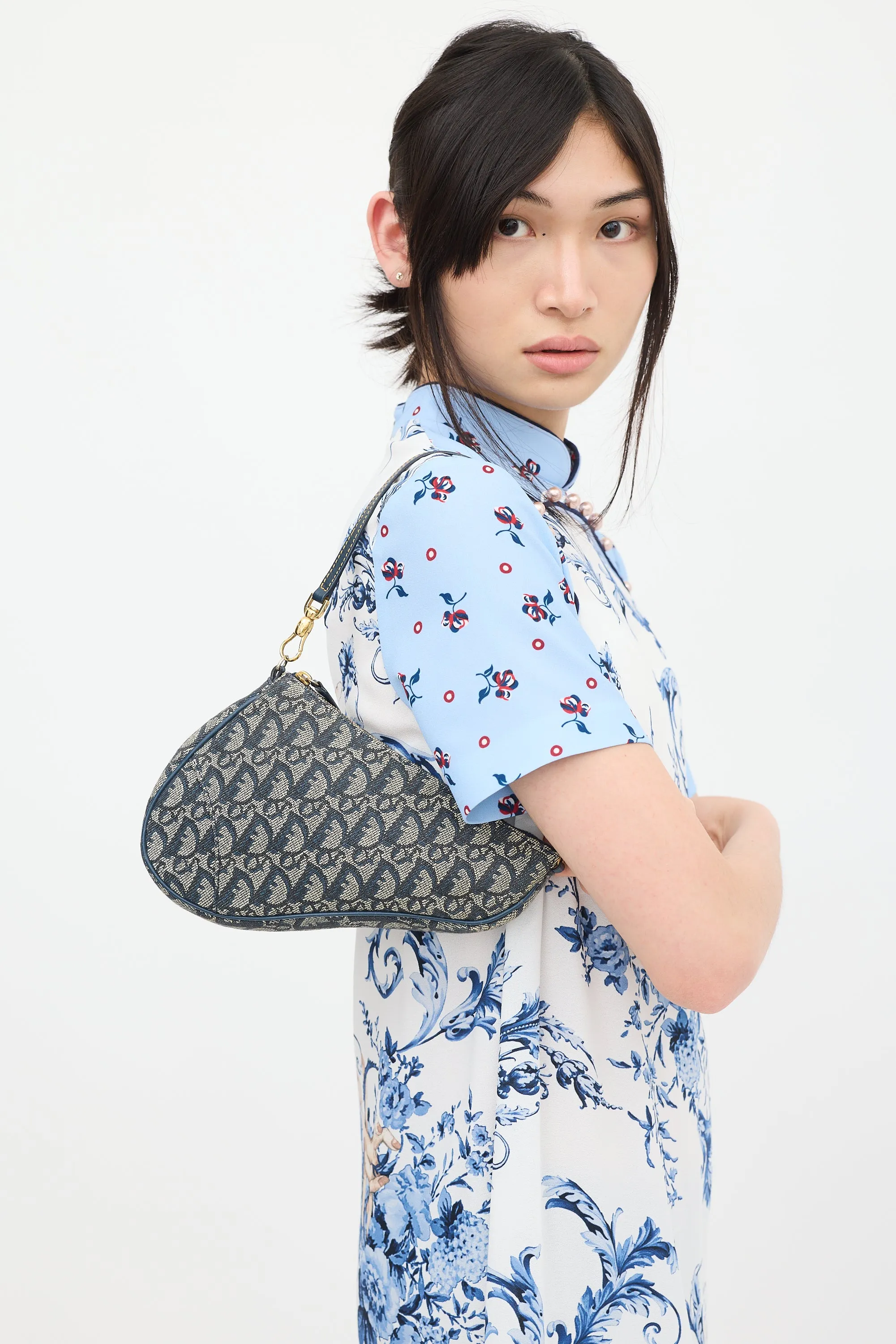 Beige & Navy Monogram Saddle Bag