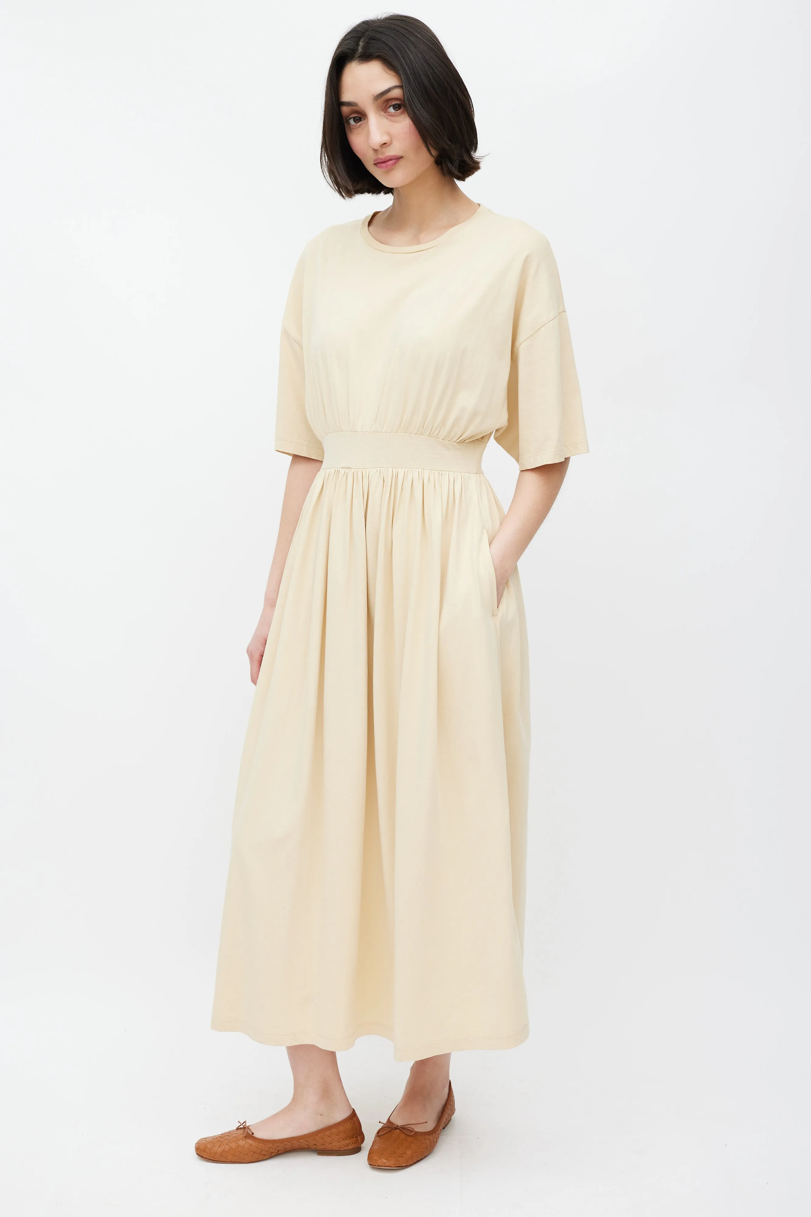 Beige Cotton Gathered T-Shirt Dress
