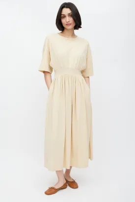 Beige Cotton Gathered T-Shirt Dress