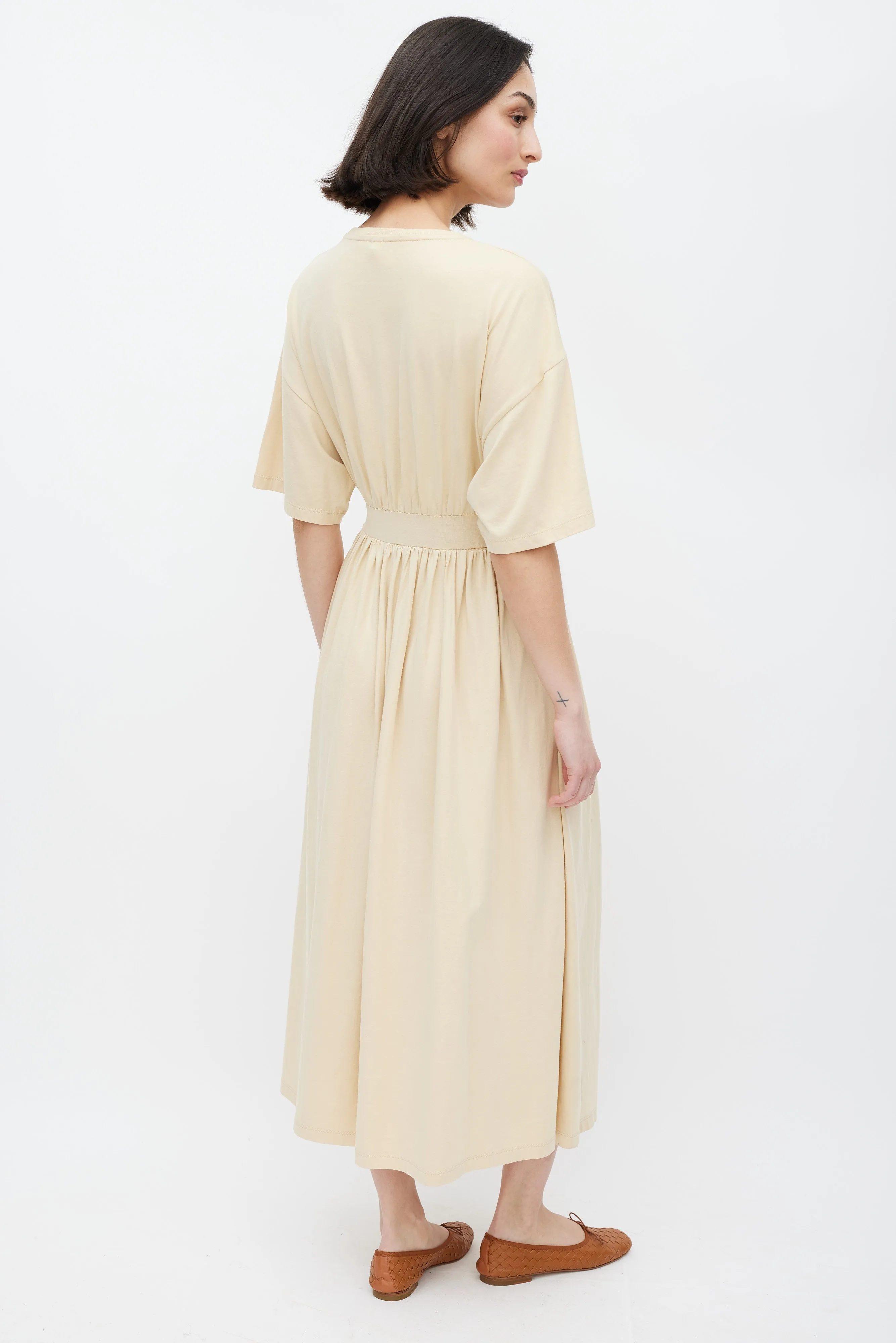 Beige Cotton Gathered T-Shirt Dress
