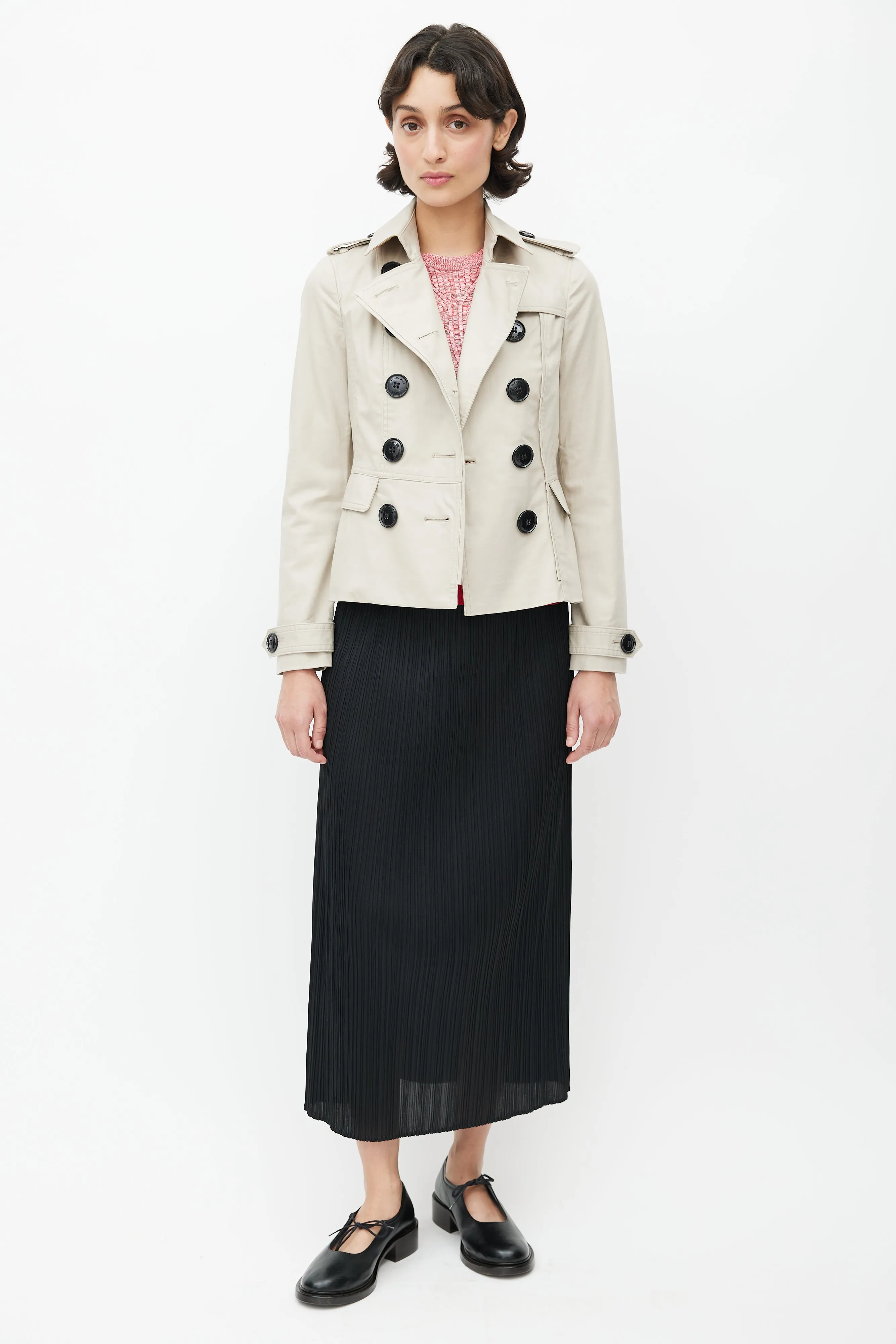 Beige Double Breasted Short Trench Coat