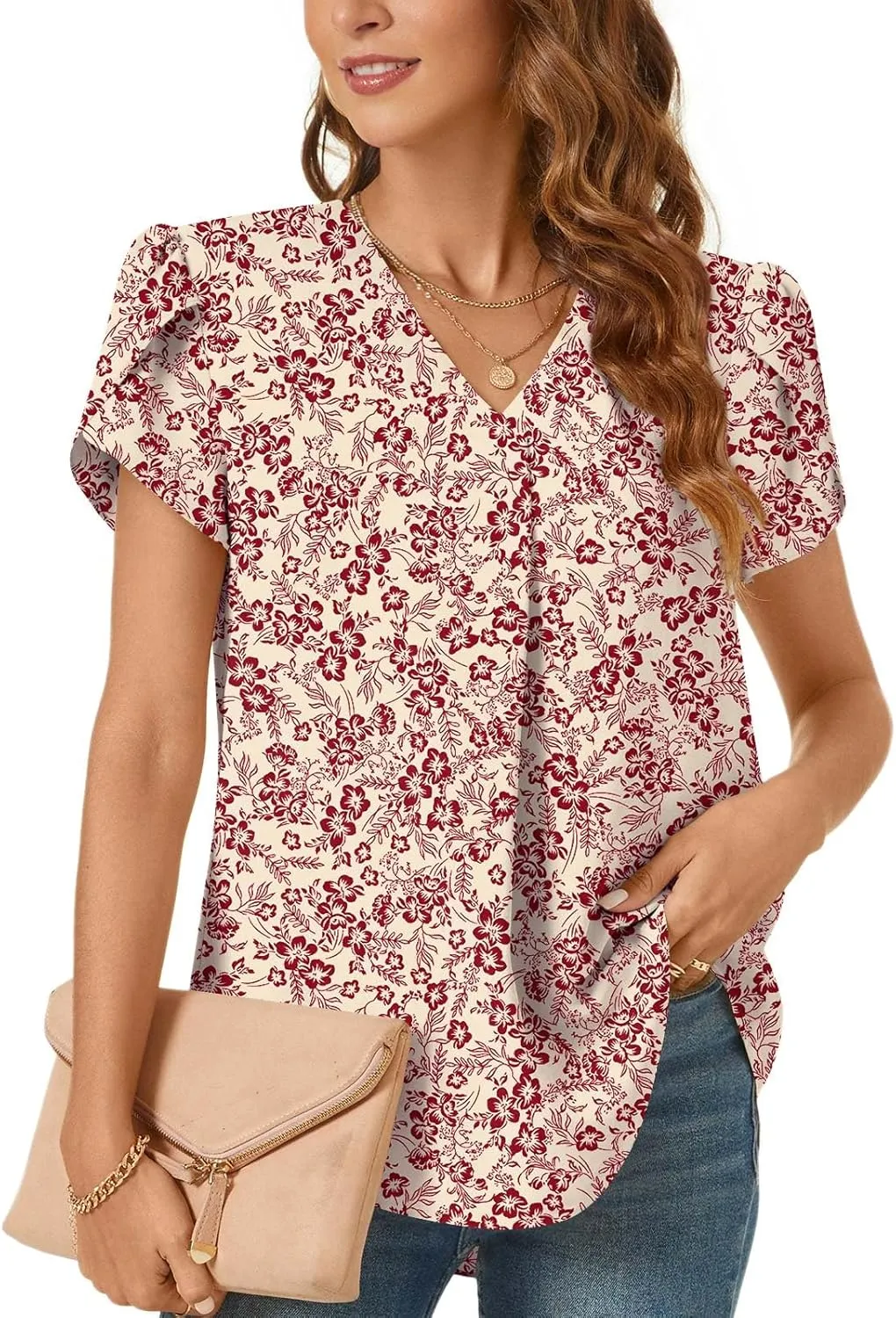 Bestbee Women's Dressy Chiffon Blouses V Neck Tops Tee 2025 Summer Shirts Petal Short Sleeve Casual T-Shirts