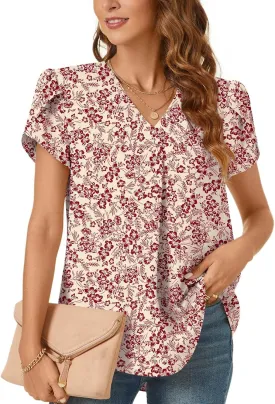 Bestbee Women's Dressy Chiffon Blouses V Neck Tops Tee 2025 Summer Shirts Petal Short Sleeve Casual T-Shirts