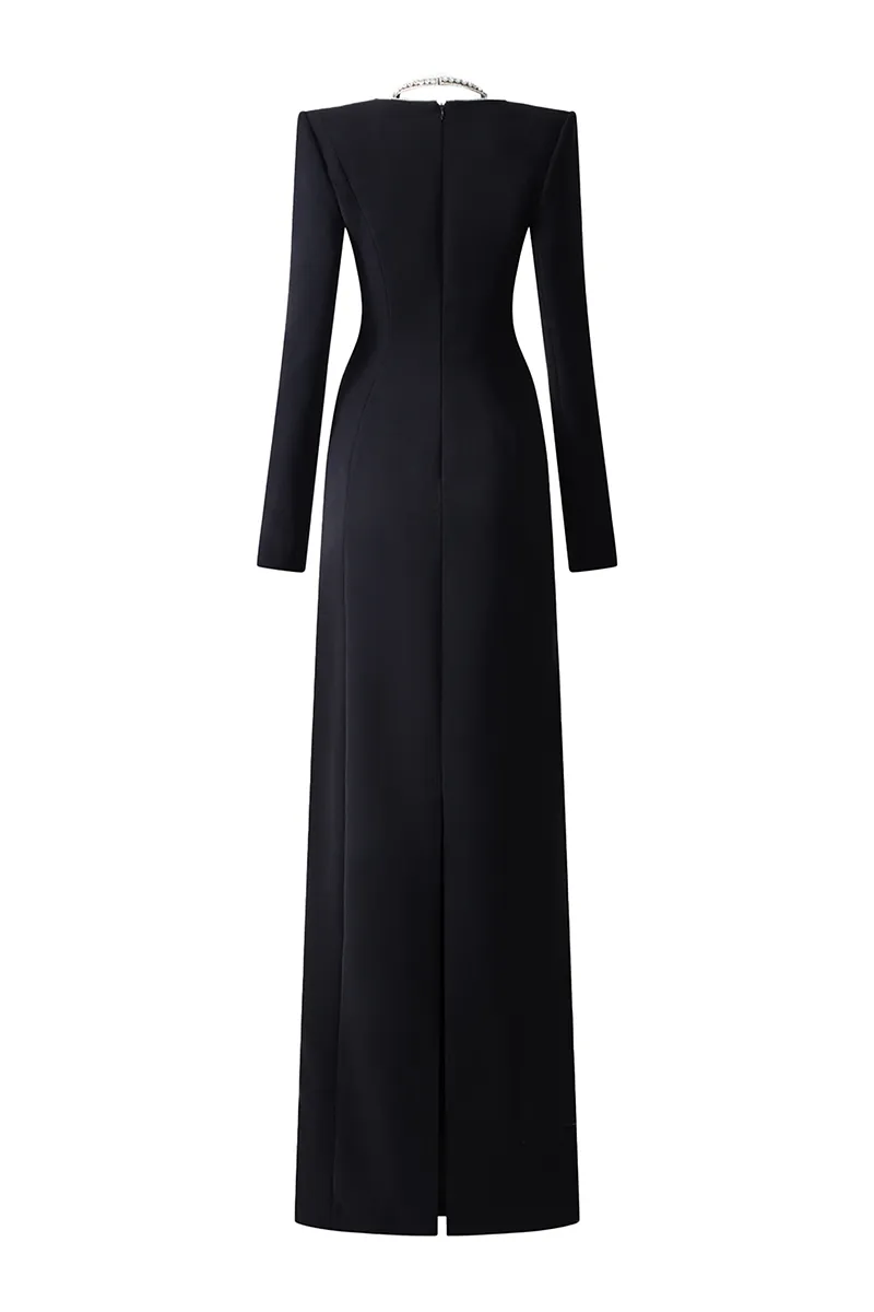 BLACK LONG SLEEVE BACK SLIT GOWN