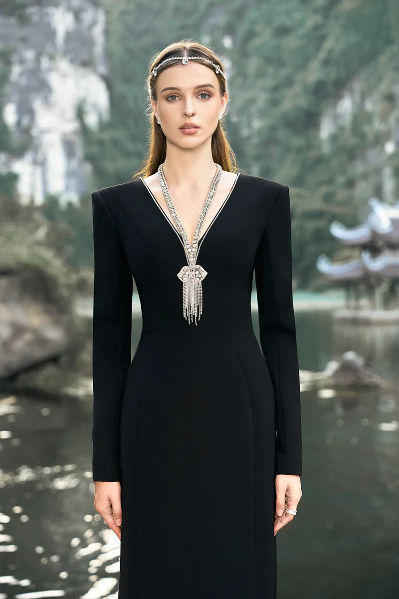 BLACK LONG SLEEVE BACK SLIT GOWN