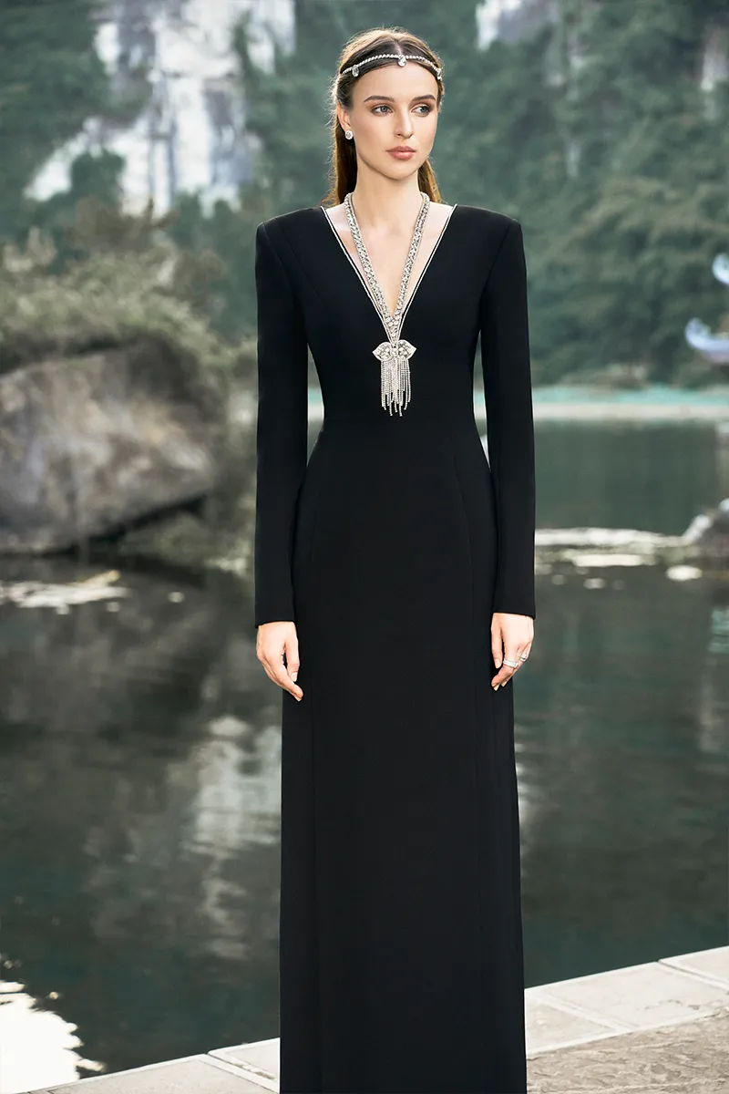 BLACK LONG SLEEVE BACK SLIT GOWN