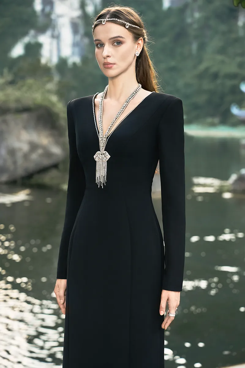 BLACK LONG SLEEVE BACK SLIT GOWN