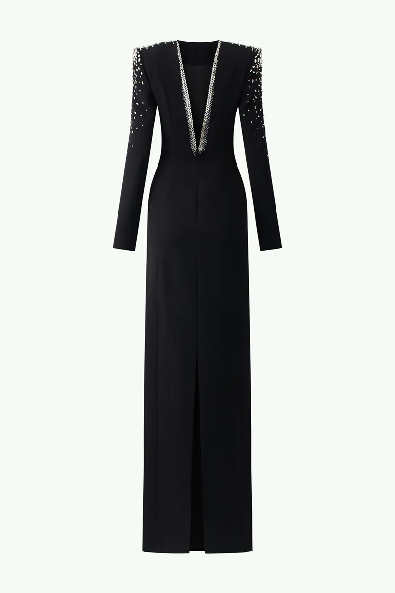 BLACK LONG SLEEVE OPEN BACK GOWN