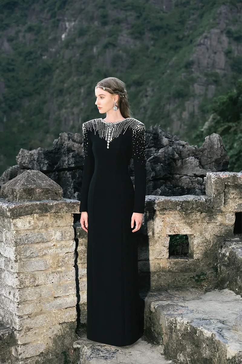BLACK LONG SLEEVE OPEN BACK GOWN
