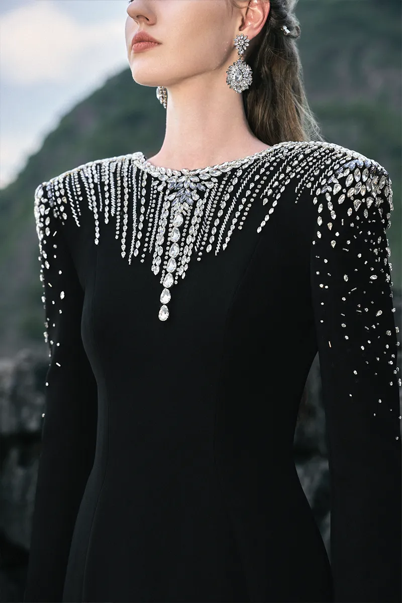 BLACK LONG SLEEVE OPEN BACK GOWN