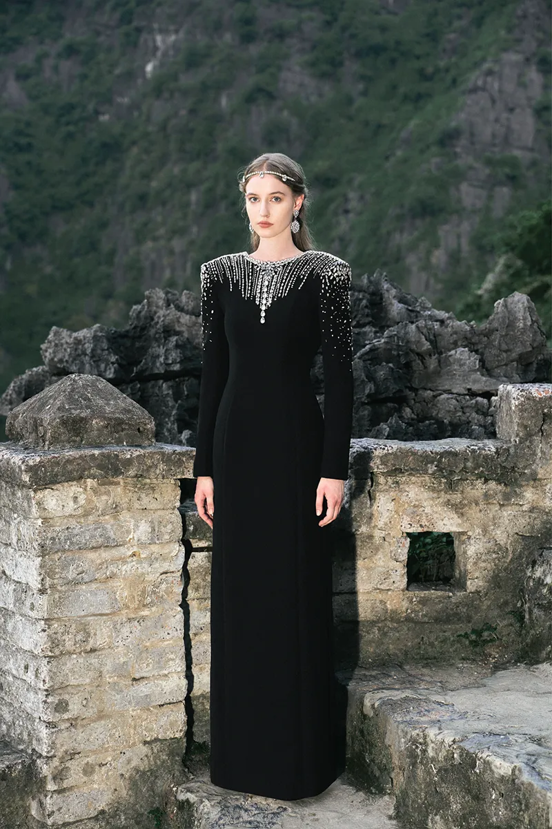 BLACK LONG SLEEVE OPEN BACK GOWN