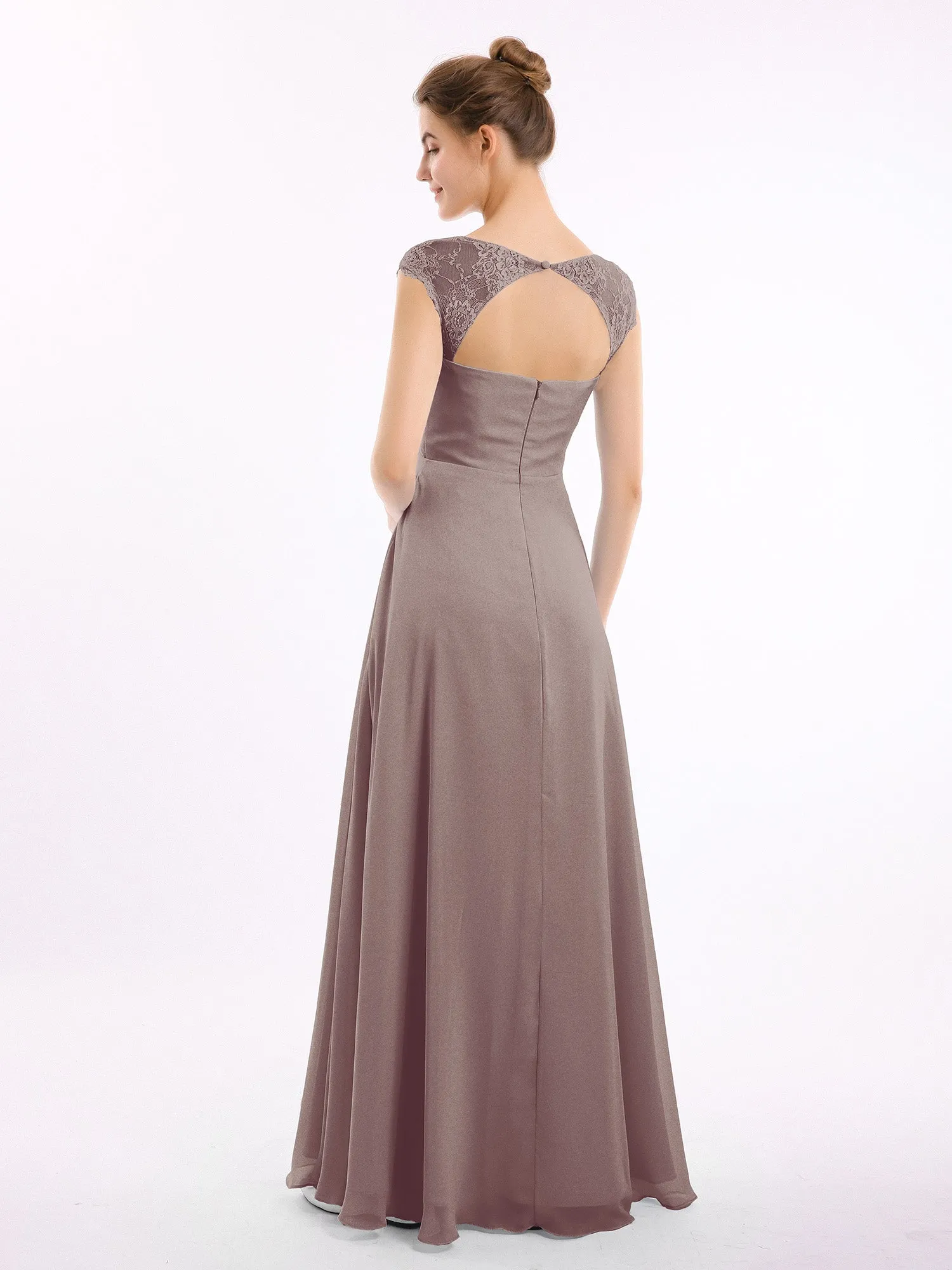 Chiffon Bridesmaid Dresses with Lace Cap Sleeves-Dusk