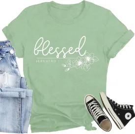 Christian Shirt for Women Blessed Letter Print Bible Verse T-Shirt Retro Faith Short Sleeve