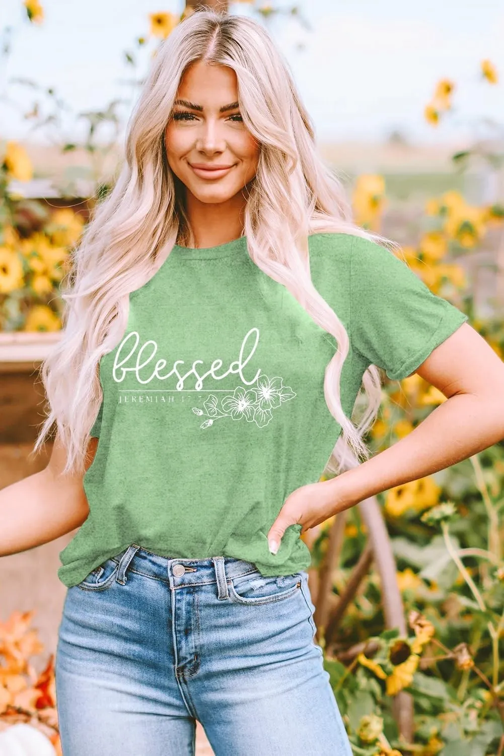 Christian Shirt for Women Blessed Letter Print Bible Verse T-Shirt Retro Faith Short Sleeve