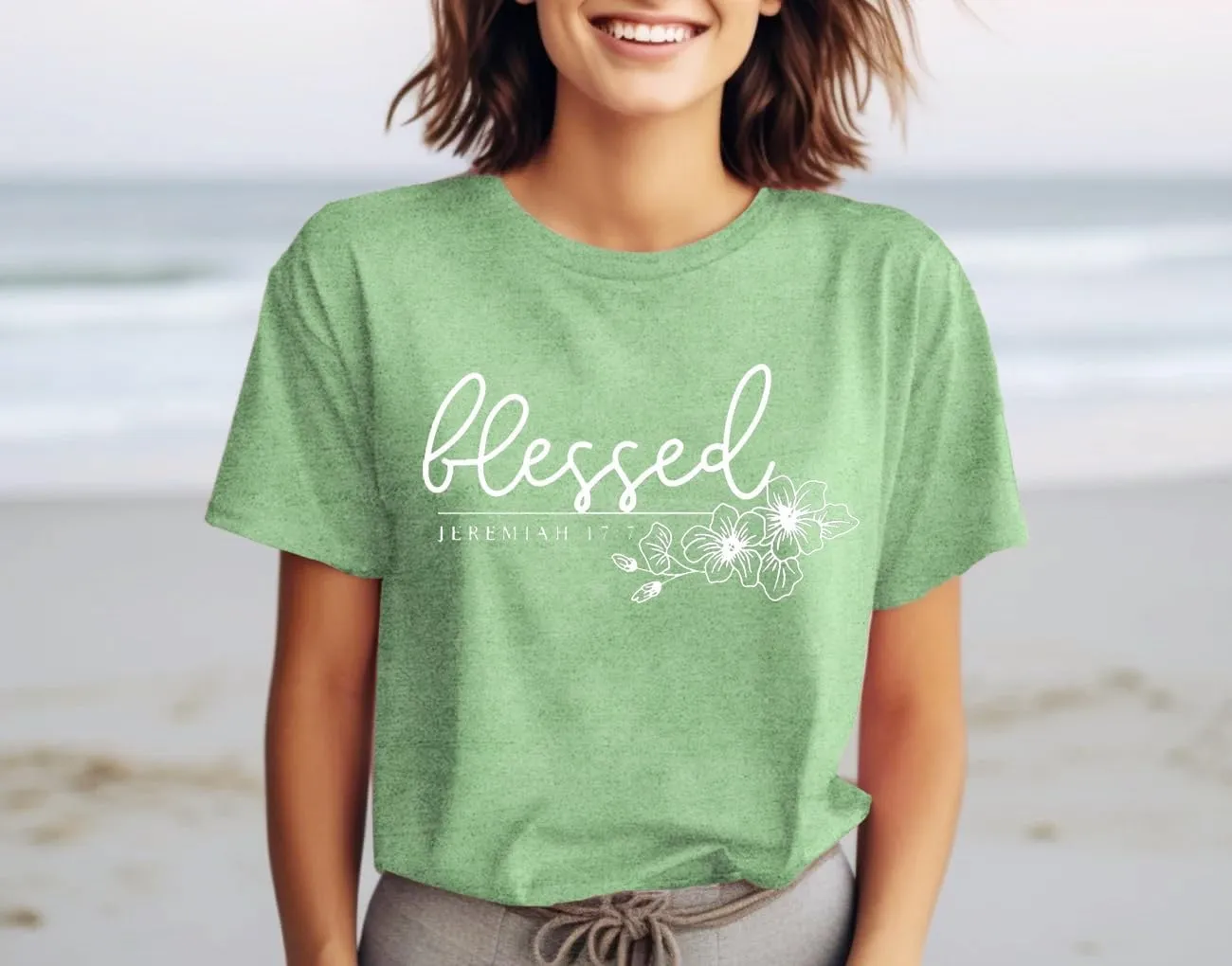 Christian Shirt for Women Blessed Letter Print Bible Verse T-Shirt Retro Faith Short Sleeve