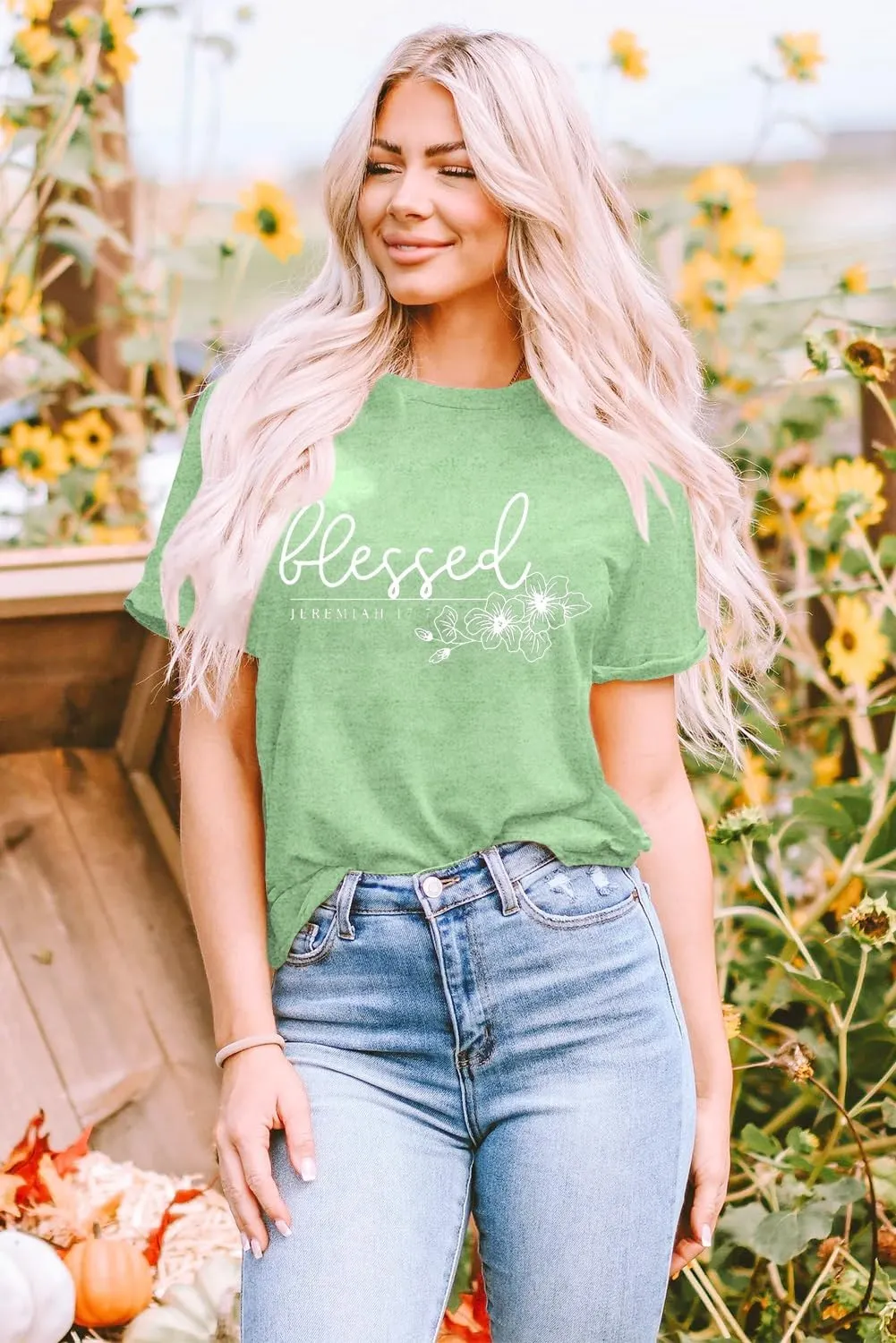 Christian Shirt for Women Blessed Letter Print Bible Verse T-Shirt Retro Faith Short Sleeve