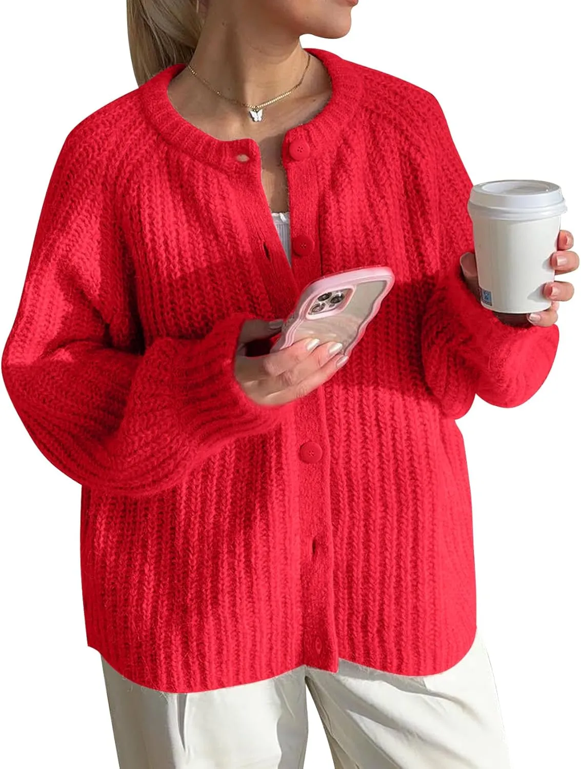 COZYPOIN Women Chunky Cardigan Open Front Sweater Long Sleeve Knitted Cardigan Button Down Outerwear Knitwear