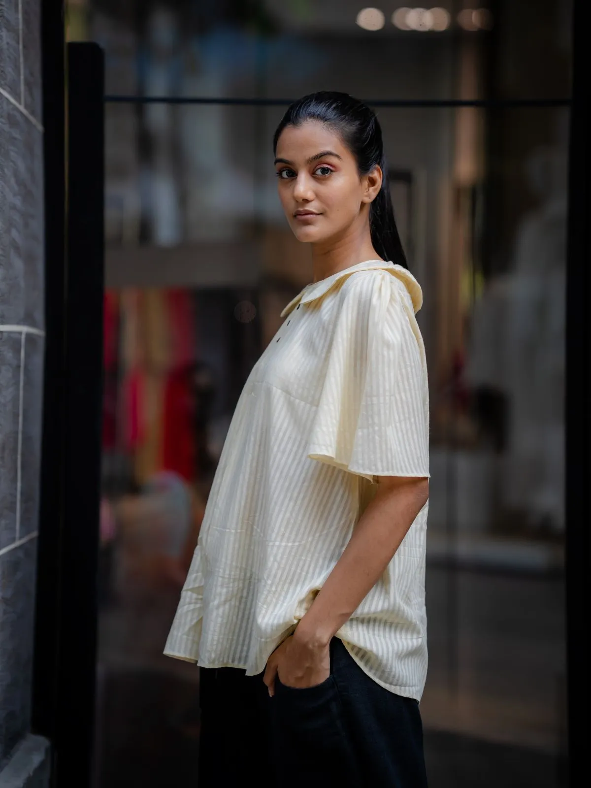 Cream Handwoven Striped Shirt