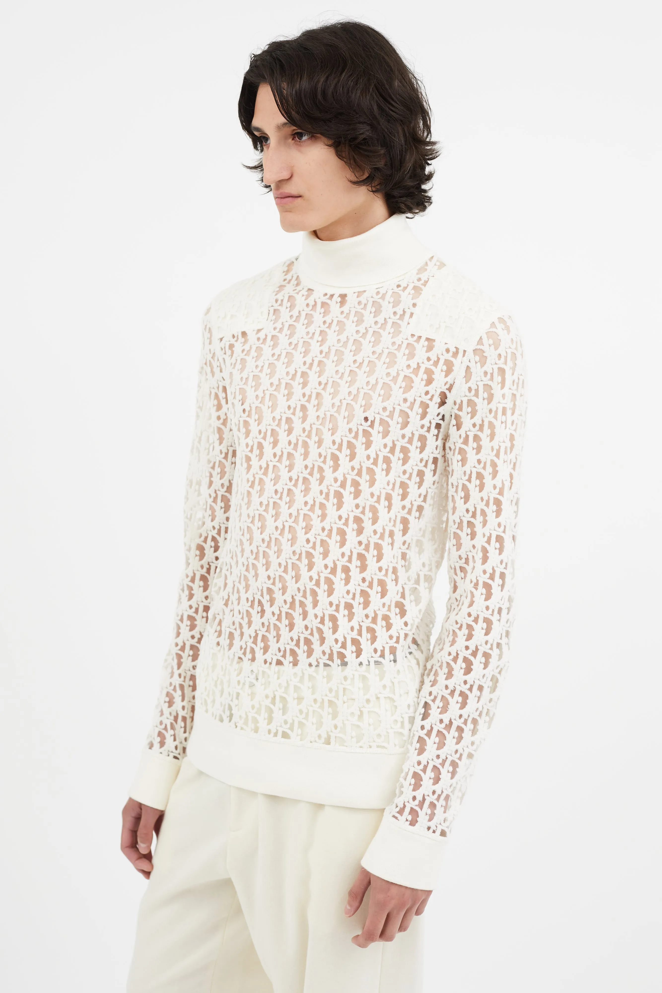 Cream Oblique Sheer Turtleneck