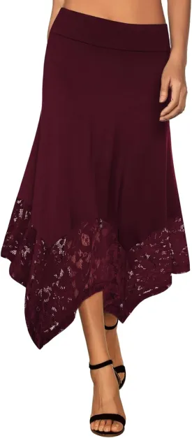 DJT Womens Flat Elastic High Waist Skirts Stretchy Flowy Handkerchief Lace Splicing Hem Midi Skirt