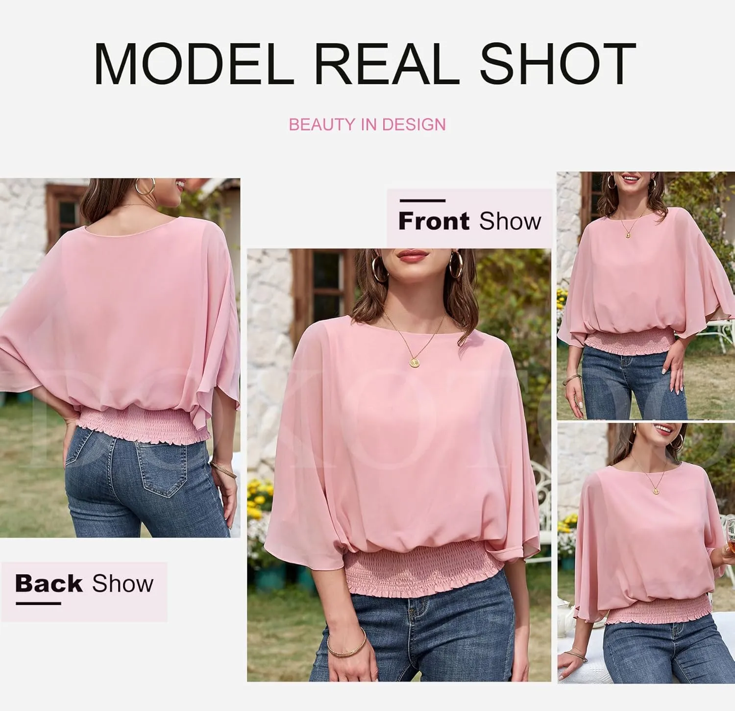 Dokotoo Women Blouses Dressy Casual 3/4 Length Sleeve Womens Tops Boat Neck Batwing Dolman Top