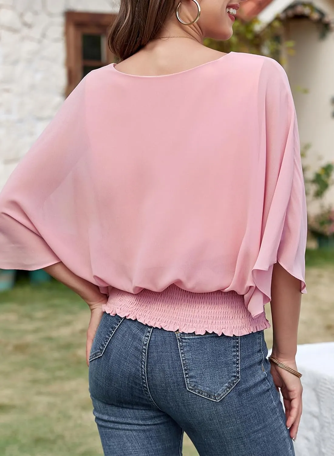 Dokotoo Women Blouses Dressy Casual 3/4 Length Sleeve Womens Tops Boat Neck Batwing Dolman Top