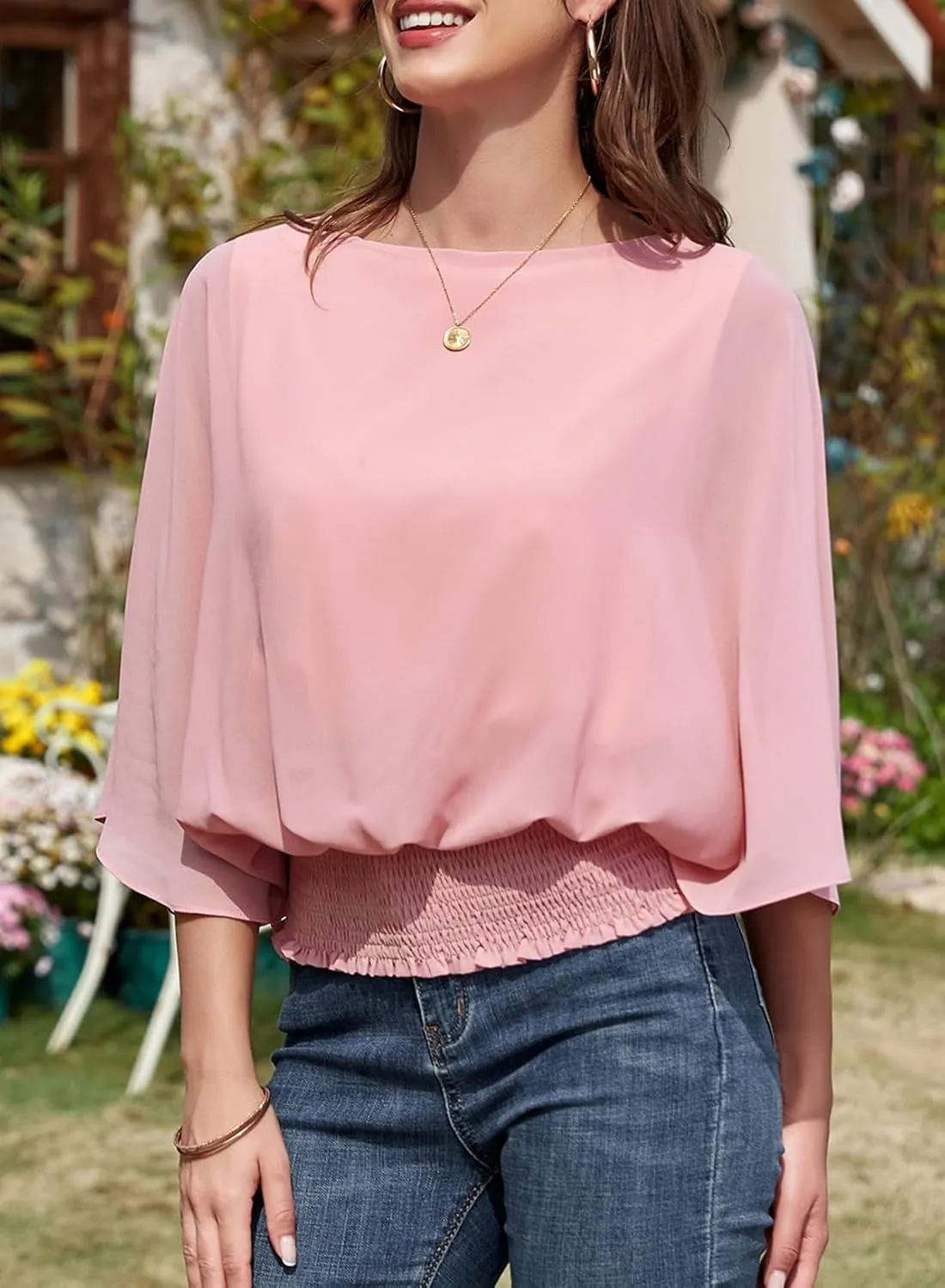 Dokotoo Women Blouses Dressy Casual 3/4 Length Sleeve Womens Tops Boat Neck Batwing Dolman Top