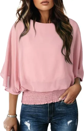 Dokotoo Women Blouses Dressy Casual 3/4 Length Sleeve Womens Tops Boat Neck Batwing Dolman Top