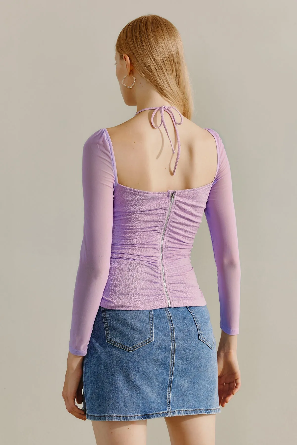 Drawstring Ruched Tie Neck Top