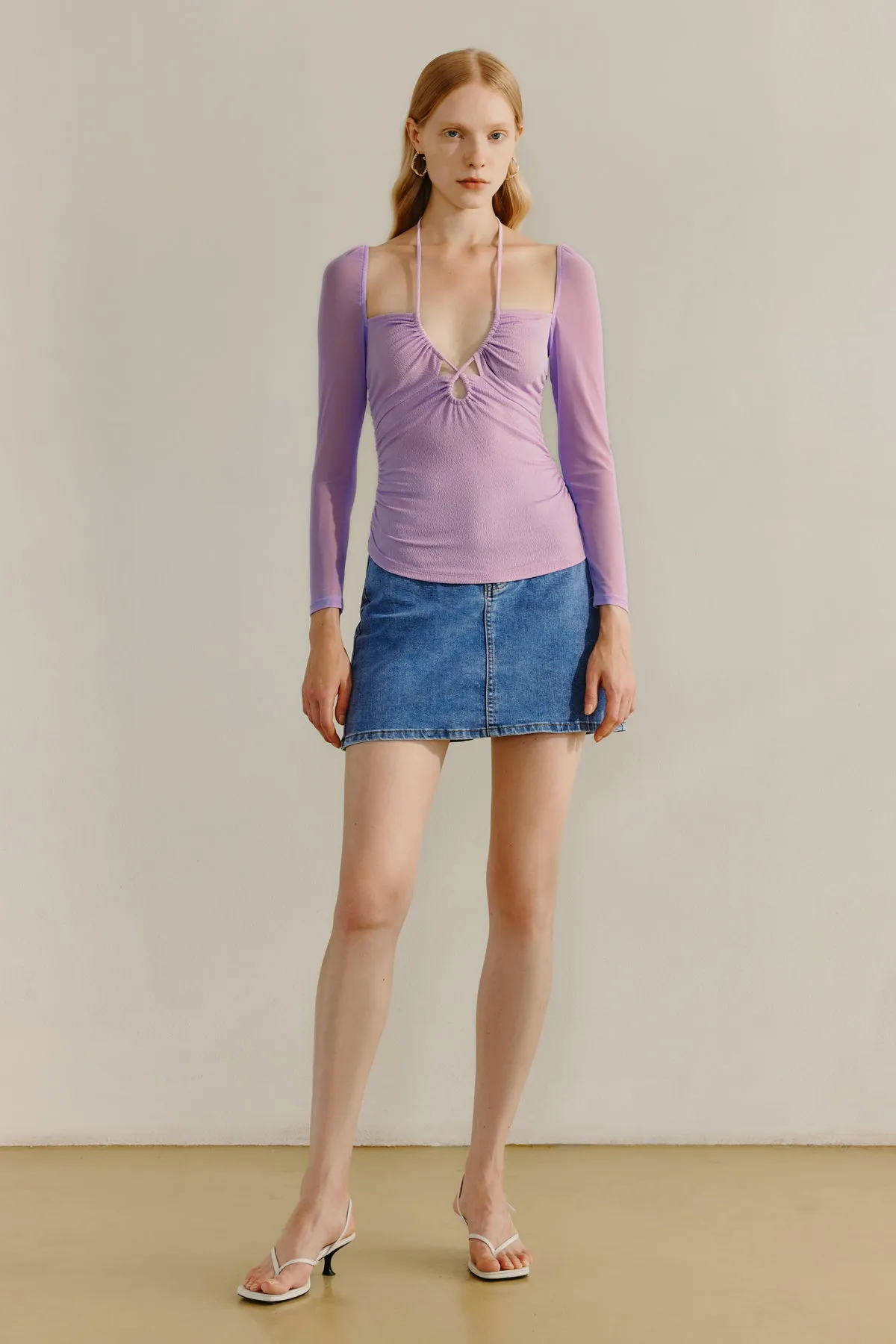 Drawstring Ruched Tie Neck Top