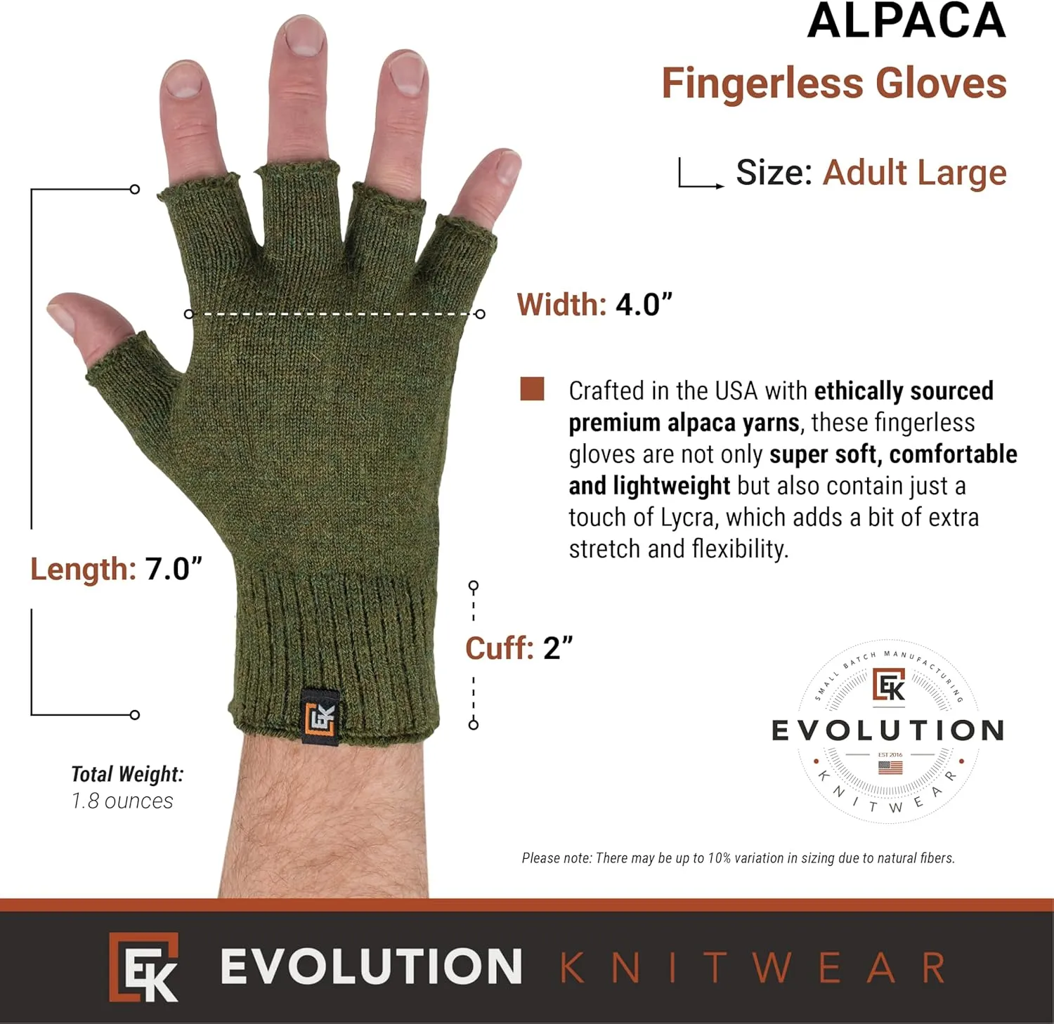 Evolution Knitwear Alpaca Knit Fingerless Gloves - Super Soft Baby Alpaca - Made in the USA - Large