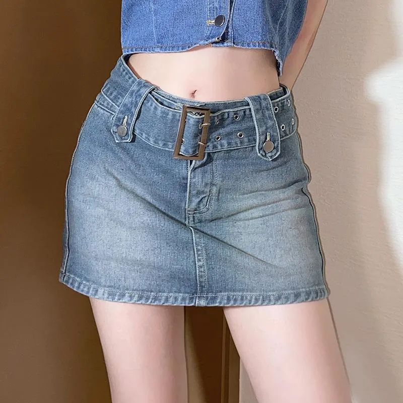 Fashion metal buckle bag hip denim skirt skirt
