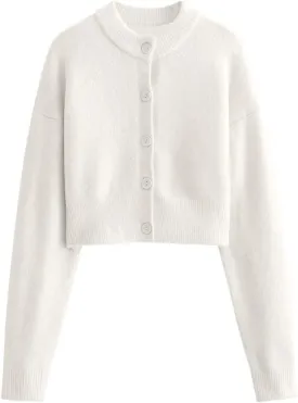 FindThy Womens Cropped Cardigan Sweater Crewneck Solid Color Long Sleeve Button Down Knitted Outerwear Top