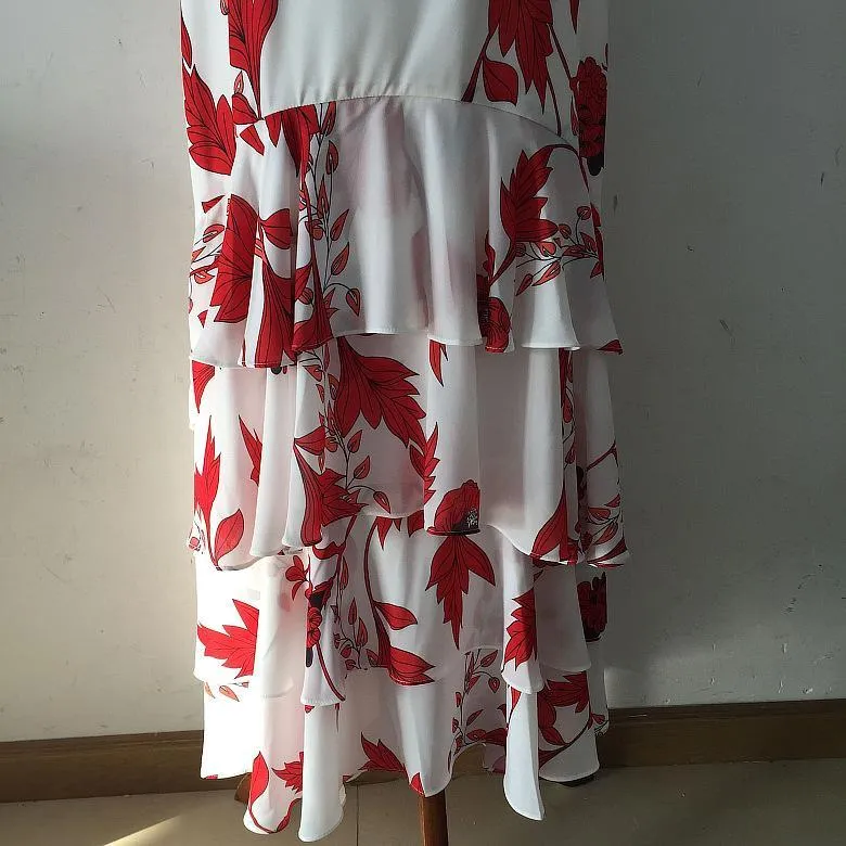Floral Print Ruffle Oblique Shoulder Maxi Dress