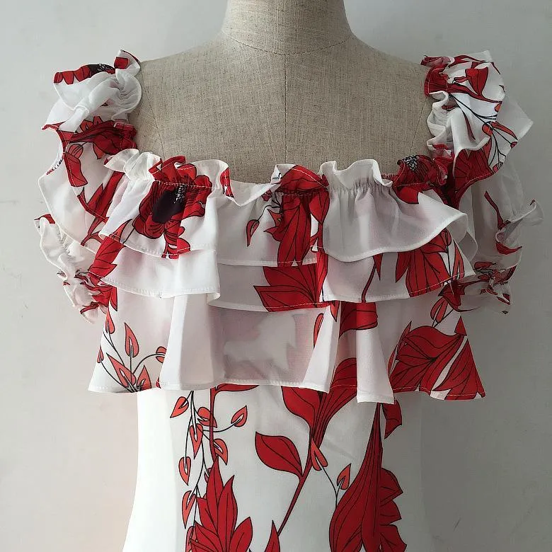 Floral Print Ruffle Oblique Shoulder Maxi Dress