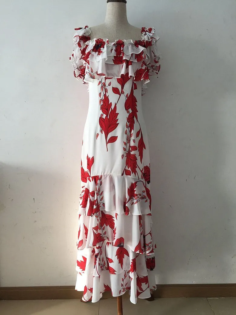Floral Print Ruffle Oblique Shoulder Maxi Dress
