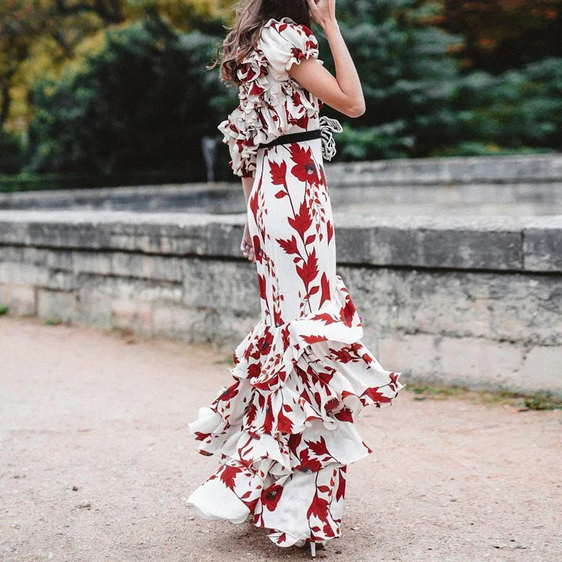 Floral Print Ruffle Oblique Shoulder Maxi Dress