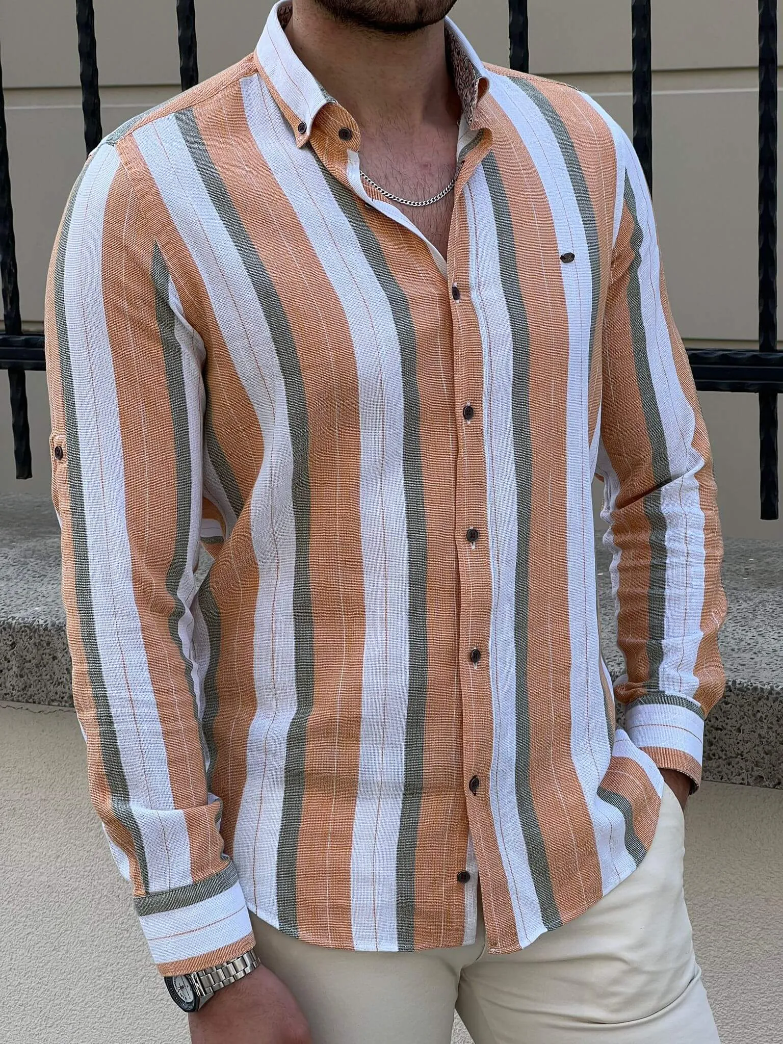 Foldable Sleeve Striped Mustard Shirt