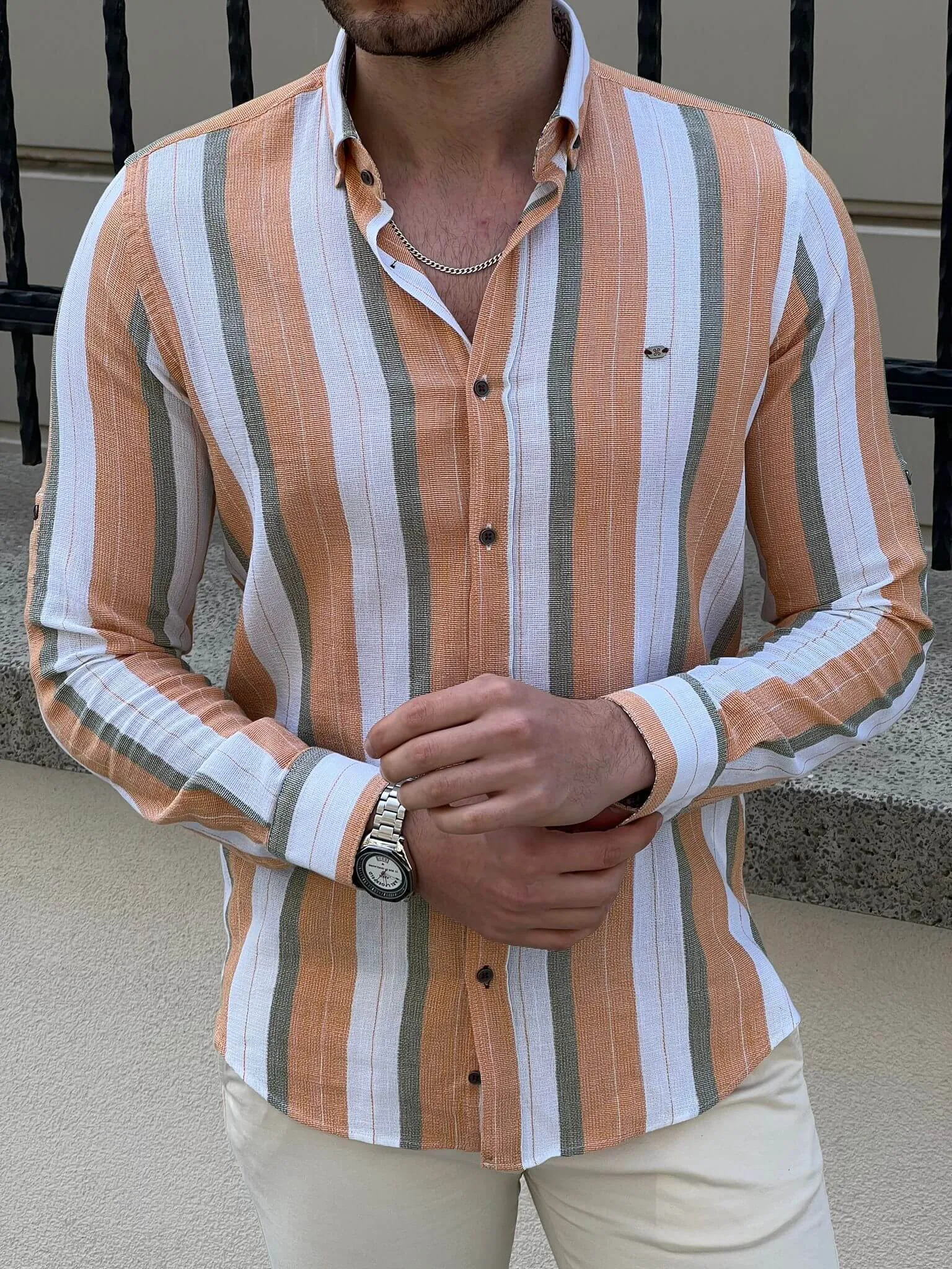 Foldable Sleeve Striped Mustard Shirt