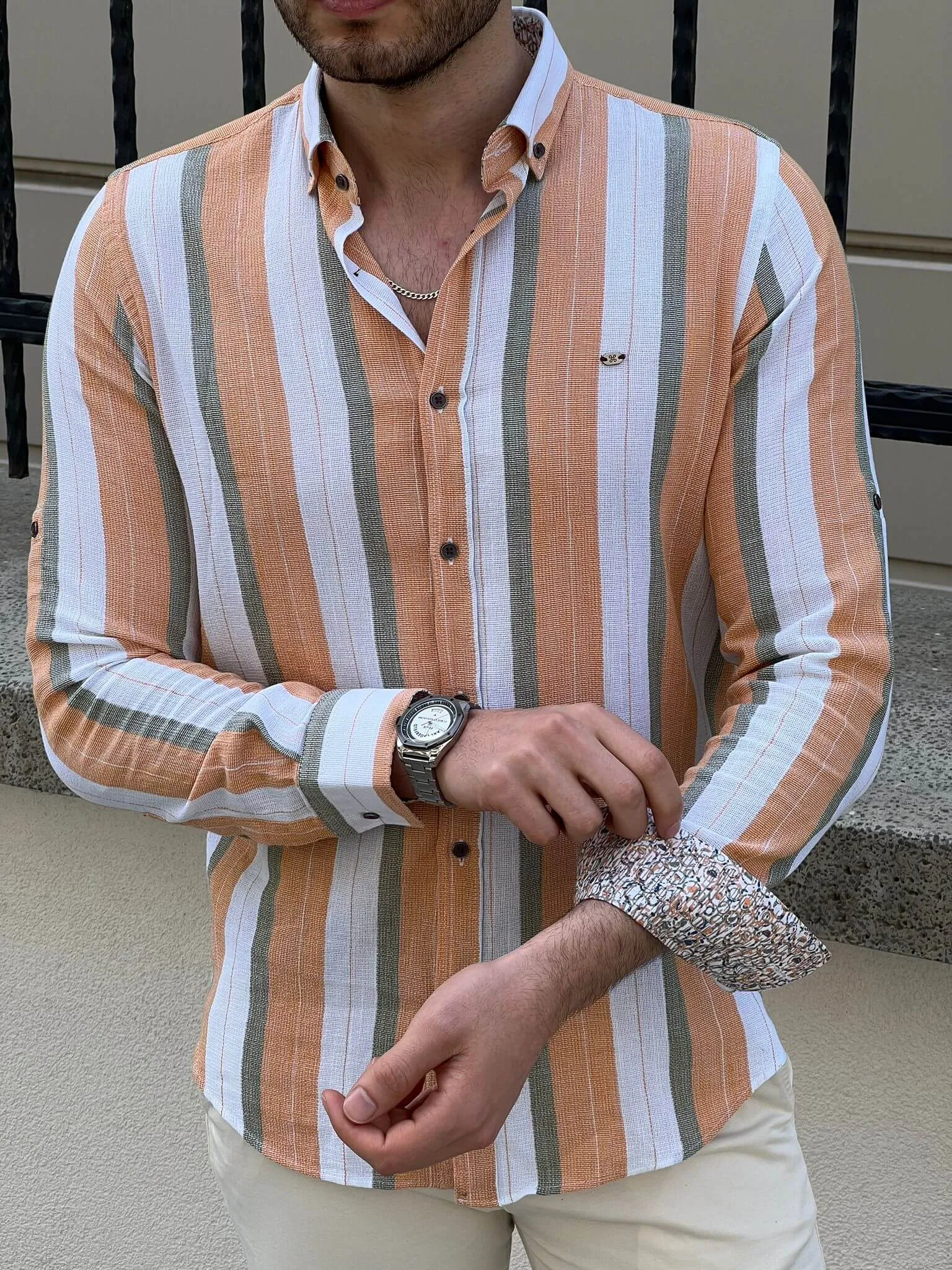 Foldable Sleeve Striped Mustard Shirt