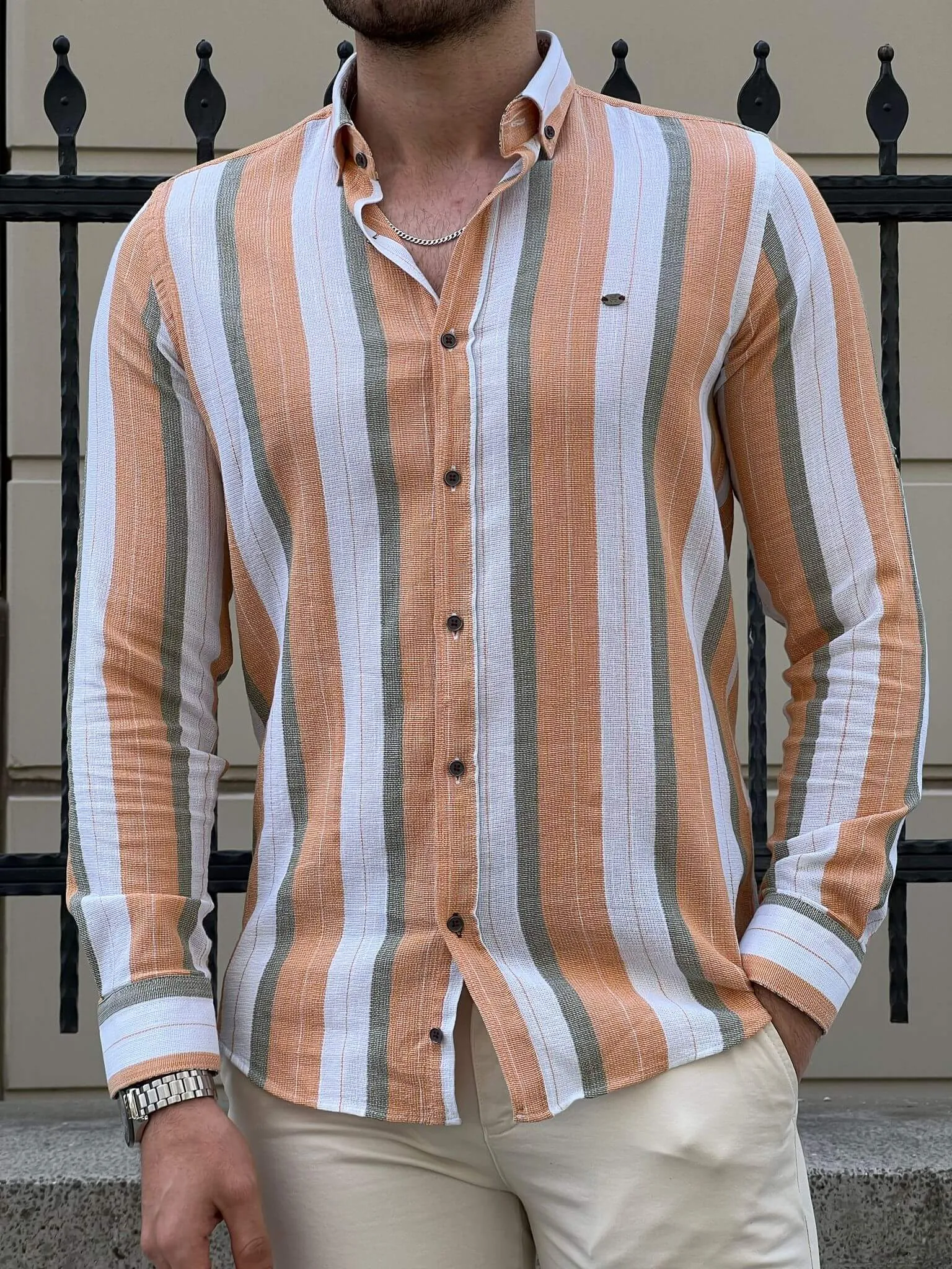 Foldable Sleeve Striped Mustard Shirt